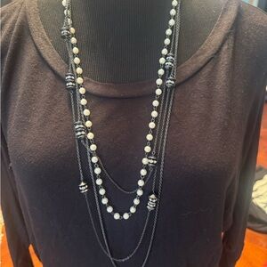 Chic Black, Silver & Pearl Beaded Necklace & Earring Set